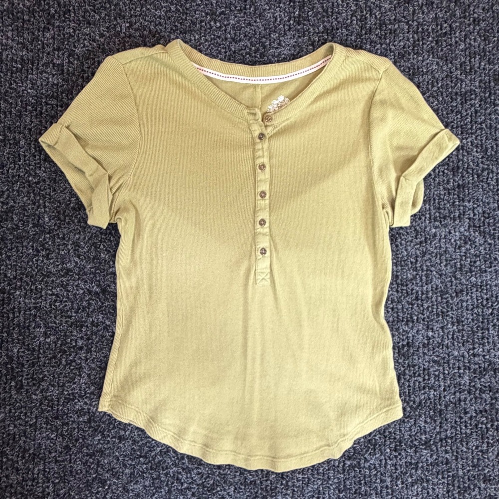Pilcro and the Letterpress Ribbed Henley Top Olive Green Short Sleeve Large